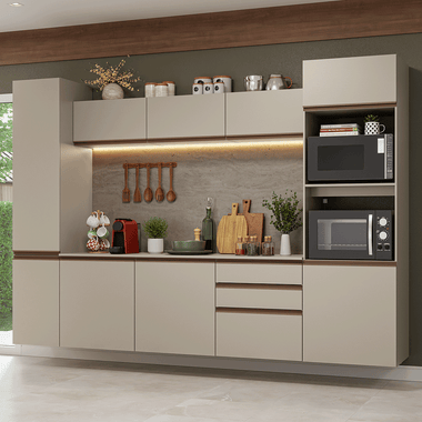 Combo Completo de Cocina 280 cm 9 Puertas 3 Cajones Flotante con Mueble para Horno y Microondas Crema Nice Madesa