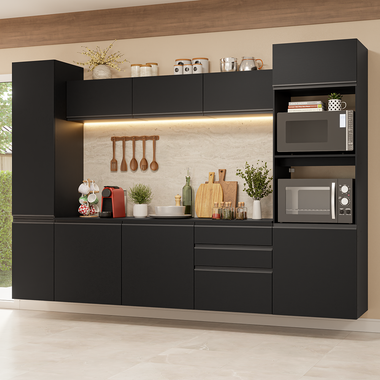 Combo Completo de Cocina 280 cm 9 Puertas 3 Cajones Flotante con Mueble para Horno y Microondas Negro Nice Madesa