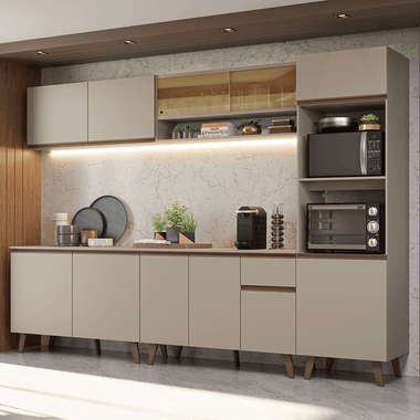 Combo Completo de Cocina 300 cm 11 Puertas 1 Cajón con Mueble para Horno y Microondas Crema Nice Madesa