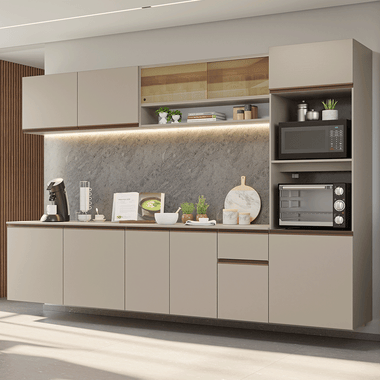 Combo Completo de Cocina 300 cm 11 Puertas 1 Cajón Flotante con Mueble para Horno y Microondas Crema Nice Madesa