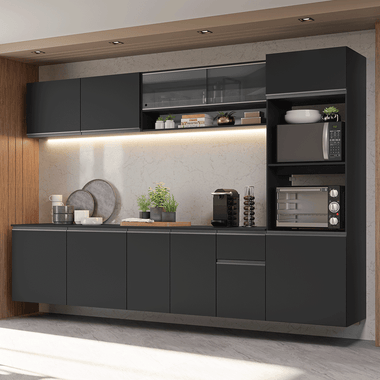 Combo Completo de Cocina 300 cm 11 Puertas 1 Cajón Flotante con Mueble para Horno y Microondas Negro Nice Madesa