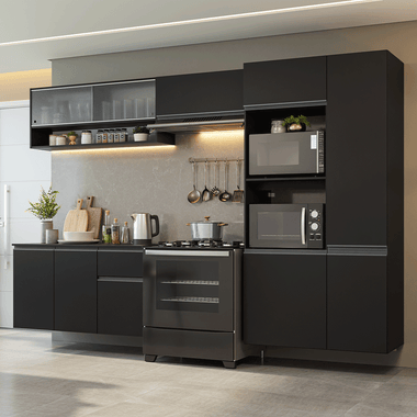 Combo Completo de Cocina 300 cm 10 Puertas 1 Cajón Flotante con Mueble para Horno y Microondas Negro Nice Madesa 06