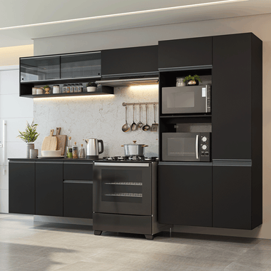 Combo Completo de Cocina 300 cm 10 Puertas 1 Cajón Flotante con Mueble para Horno y Microondas Negro Nice Madesa 07