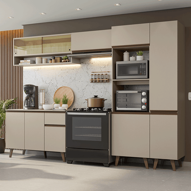Combo Completo de Cocina 300 cm 10 Puertas 1 Cajón con Mueble para Horno y Microondas Crema Nice Madesa