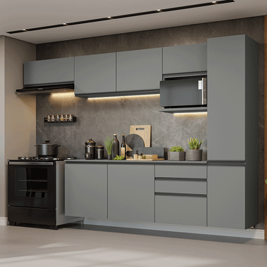 Combo Completo de Cocina 300 cm 8 Puertas 3 Cajones Flotante Gris Nice Madesa