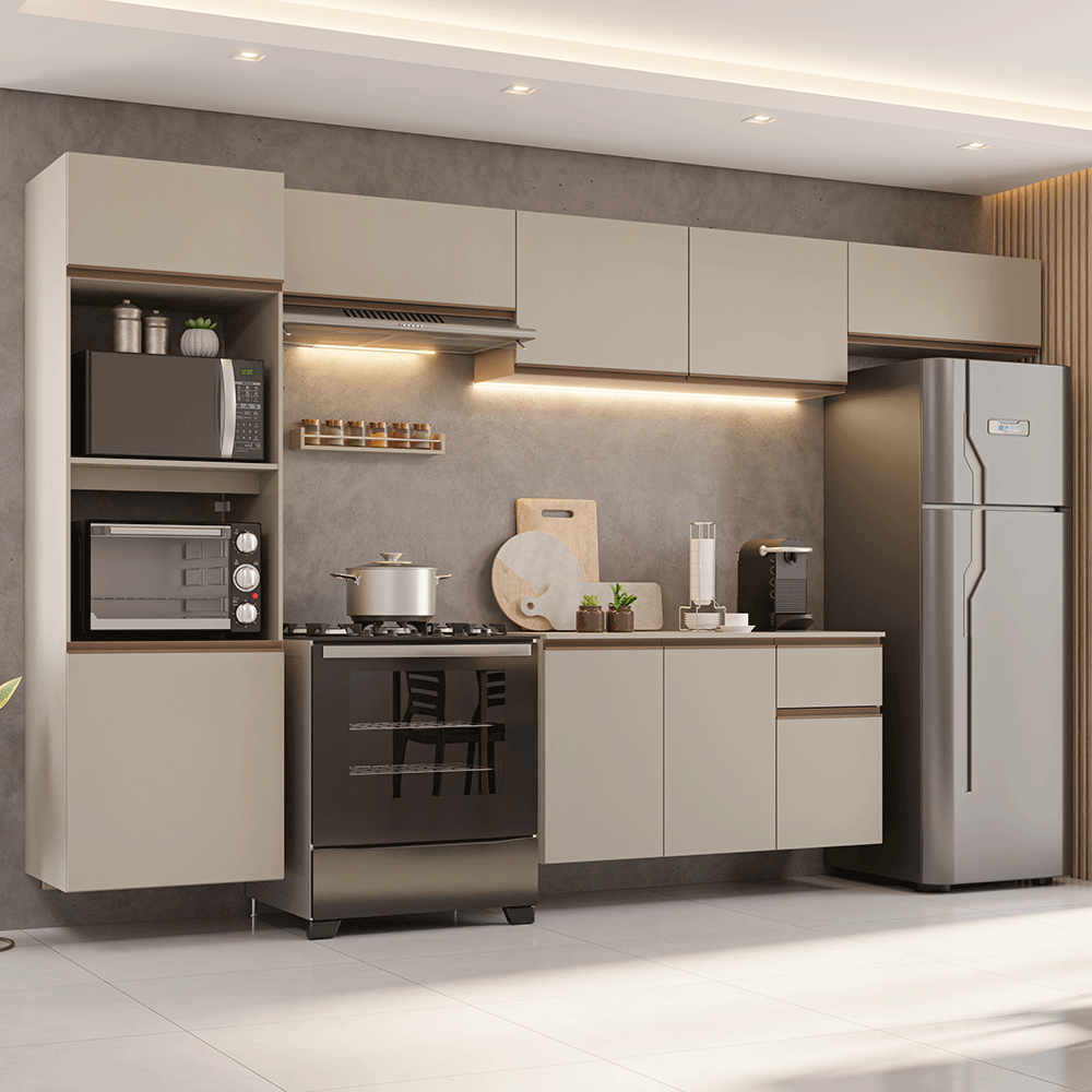 Combo Completo de Cocina 340 cm 9 Puertas 1 Cajón Flotante con Mueble para Horno y Microondas Crema Nice Madesa