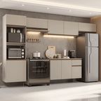 Combo Completo de Cocina 340 cm 9 Puertas 1 Cajón Flotante con Mueble para Horno y Microondas Crema Nice Madesa