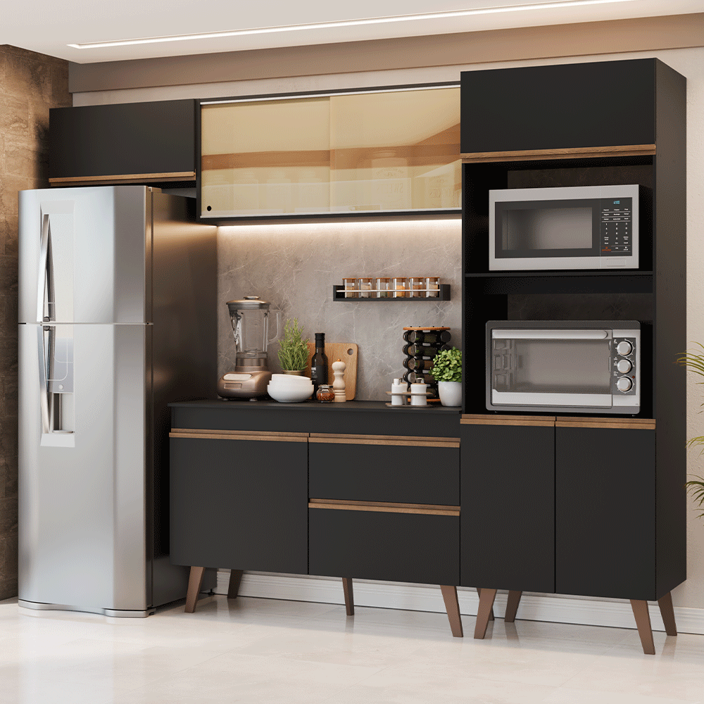 Mueble de Cocina Completa Pieta 260 cm 8 Puertas 1 Cajón (Con Mesada) Negro Madesa