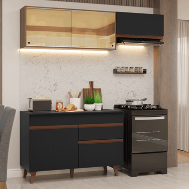 Cocina Compacta 190 cm 5 Puertas 1 Cajón Negro/Marrón Reims Madesa