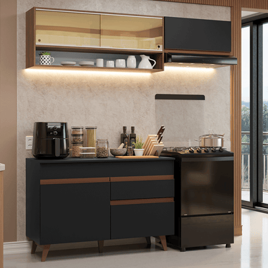 Cocina Compacta 190 cm 5 Puertas 1 Cajón Negro/Marrón Reims Madesa
