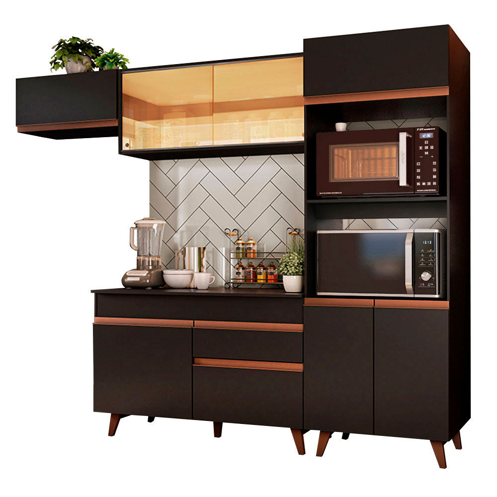 Combo Completo de Cocina 260 cm 8 Puertas 1 Cajón con Mueble para Horno y Microondas Negro Reims Madesa 01