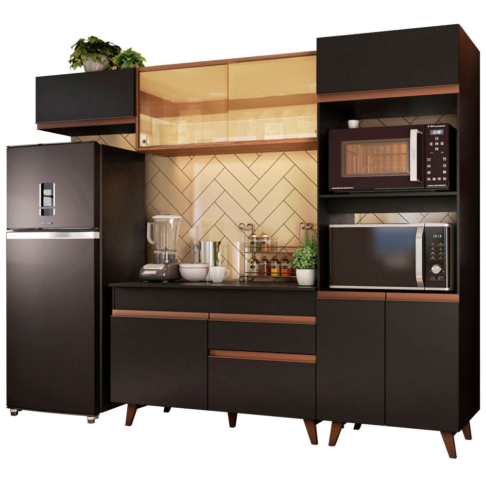 Combo Completo de Cocina 260 cm 8 Puertas 1 Cajón con Mueble para Horno y Microondas Negro/Marrón Reims Madesa
