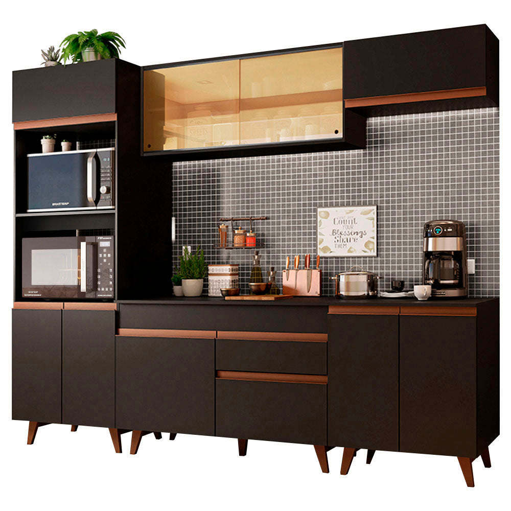 Combo Completo de Cocina 260 cm 10 Puertas 1 Cajón con Mueble para Horno y Microondas Negro Reims Madesa