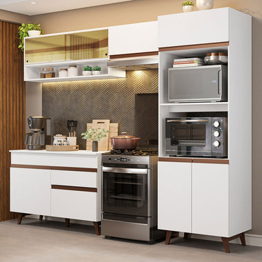 Combo Completo de Cocina 260 cm 8 Puertas 1 Cajón con Mueble para Horno y Microondas Blanco Reims Madesa