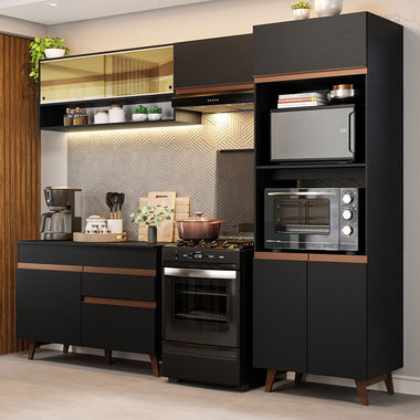 Combo Completo de Cocina 260 cm 8 Puertas 1 Cajón con Mueble para Horno y Microondas Negro Reims Madesa