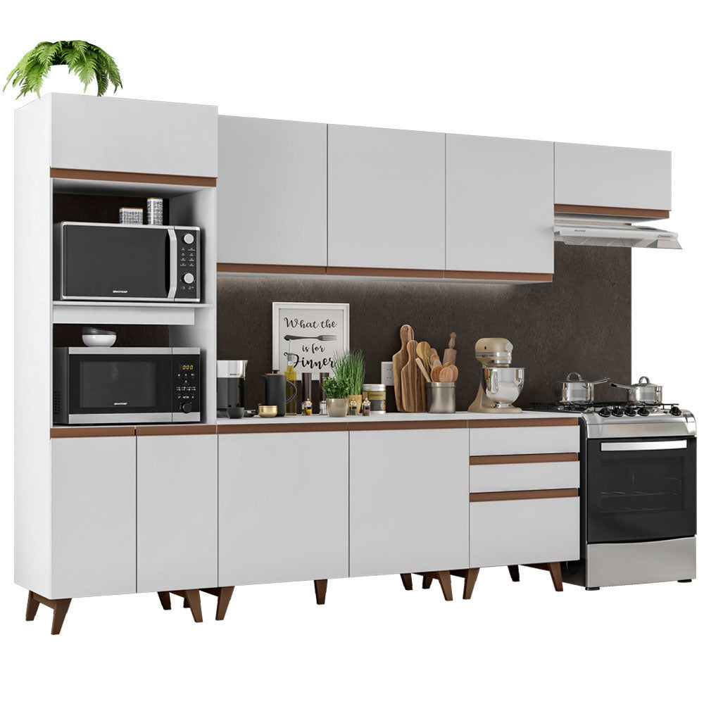 Combo Completo de Cocina 320 cm 9 Puertas 3 Cajones con Mueble para Horno y Microondas Blanco Reims Madesa