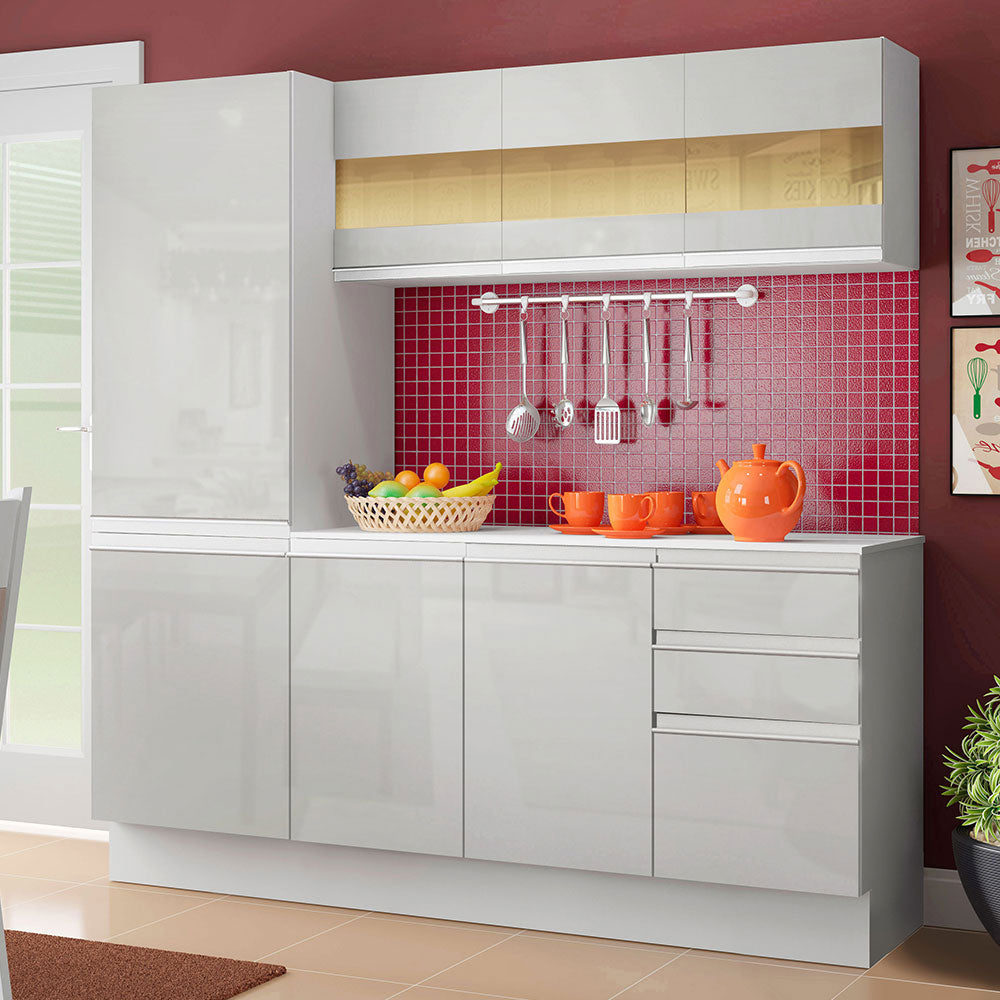 Cocina Compacta Smart 100% MDF Puertas Brillante 170 cm 8 Puertas 2 Cajones (Con Mesada) Blanco Madesa