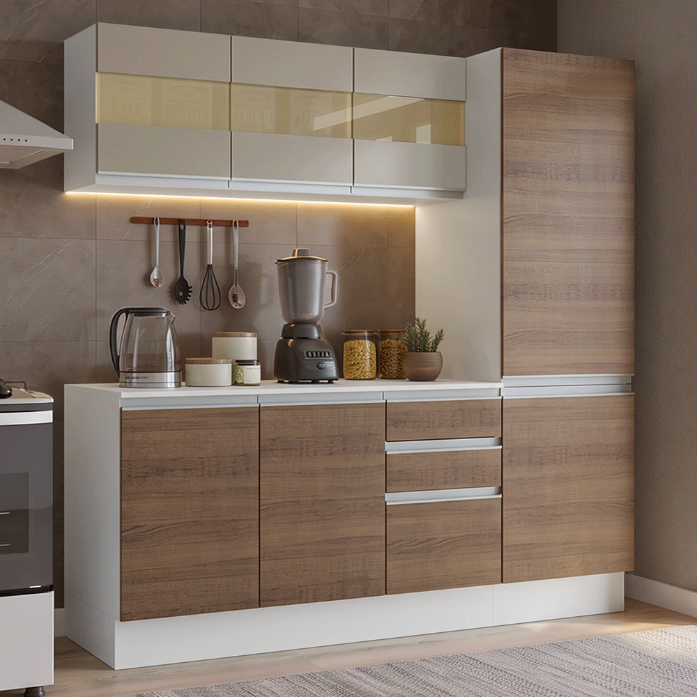 Cocina Compacta 170 cm 100% MDF Blanco/Marrón/Crema Smart Madesa