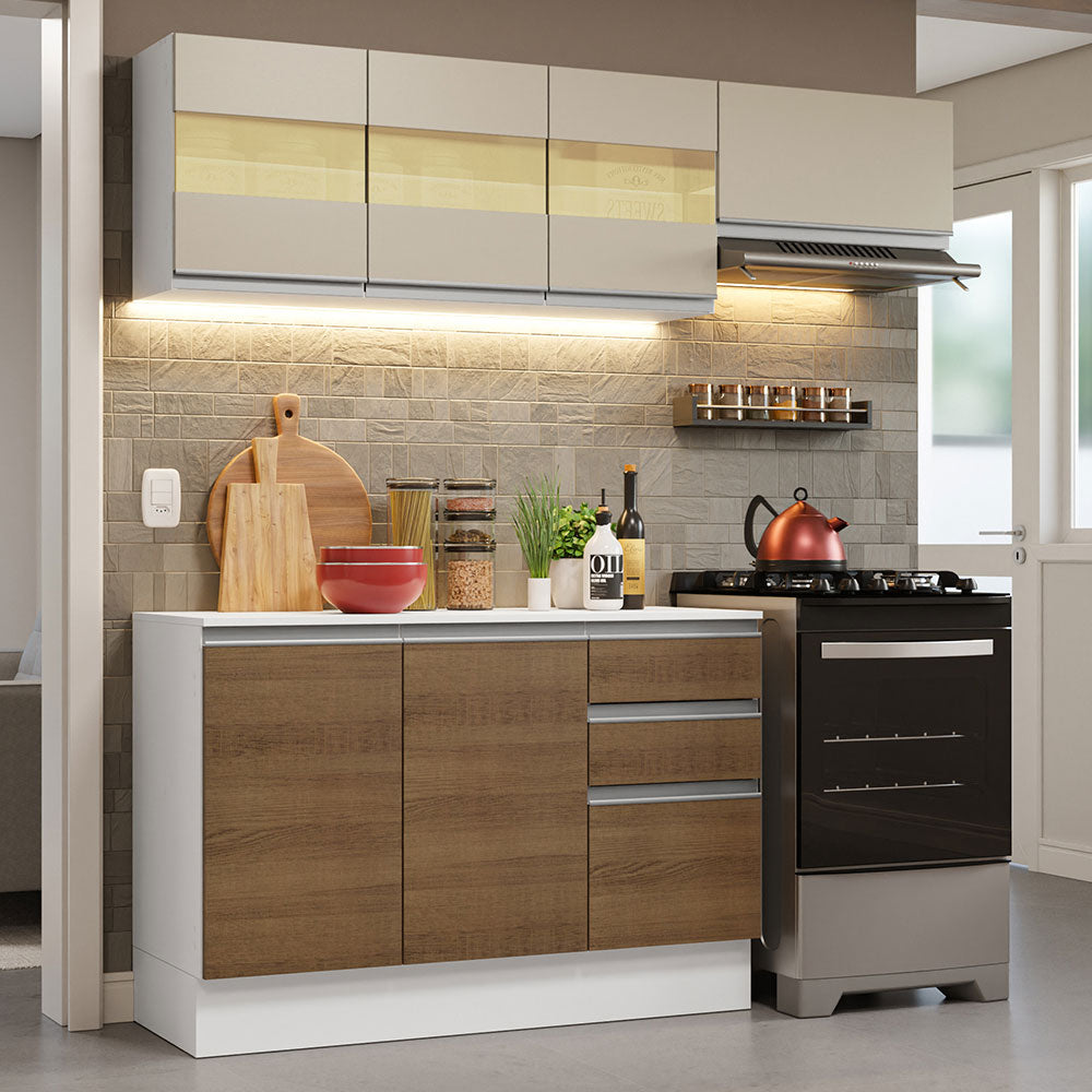 Cocina Compacta Smart 100% MDF 180 cm 7 Puertas 2 Cajones (Con Mesada) Blanco/Marrón/Crema Madesa