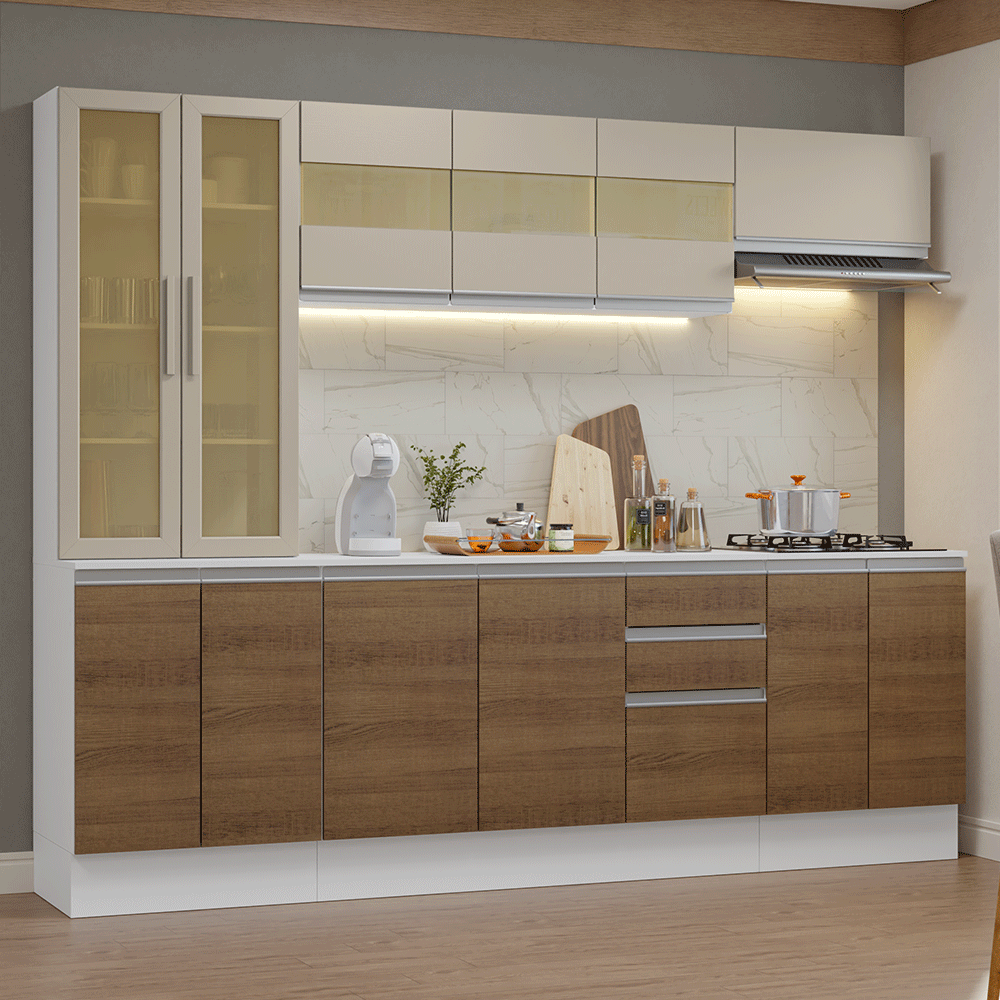 Combo de Cocina 240 cm Smart 100% MDF Blanco/Marrón/Crema 01