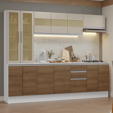 Combo Completo de Cocina 240 cm 13 Puertas 2 Cajones 100% MDF con Cristalero Blanco/Marrón/Crema Smart Madesa