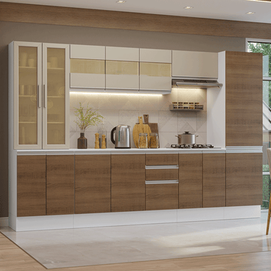 Combo Completo de Cocina 290 cm 15 Puertas 2 Cajones 100% MDF con Cristalero Blanco/Marrón/Crema Smart Madesa