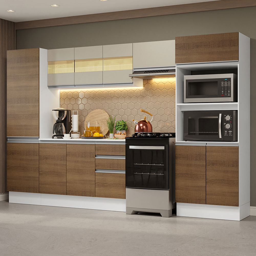 Combo completo de Cocina 100% MDF 300cm Blanco/Marrón/Crema Smart Madesa 03