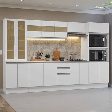 Combo Completo de Cocina 310 cm 16 Puertas 2 Cajones 100% MDF con Mueble para Horno y Microondas Blanco Smart Madesa