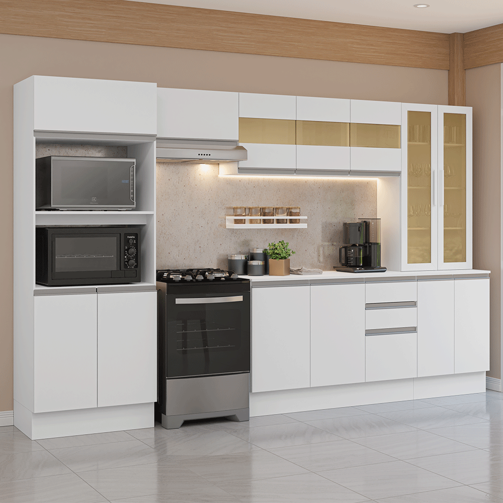 Combo completo de Cocina Smart 100% MDF 310 cm 14 Puertas 2 Cajones (Con Mesada) Blanco Madesa