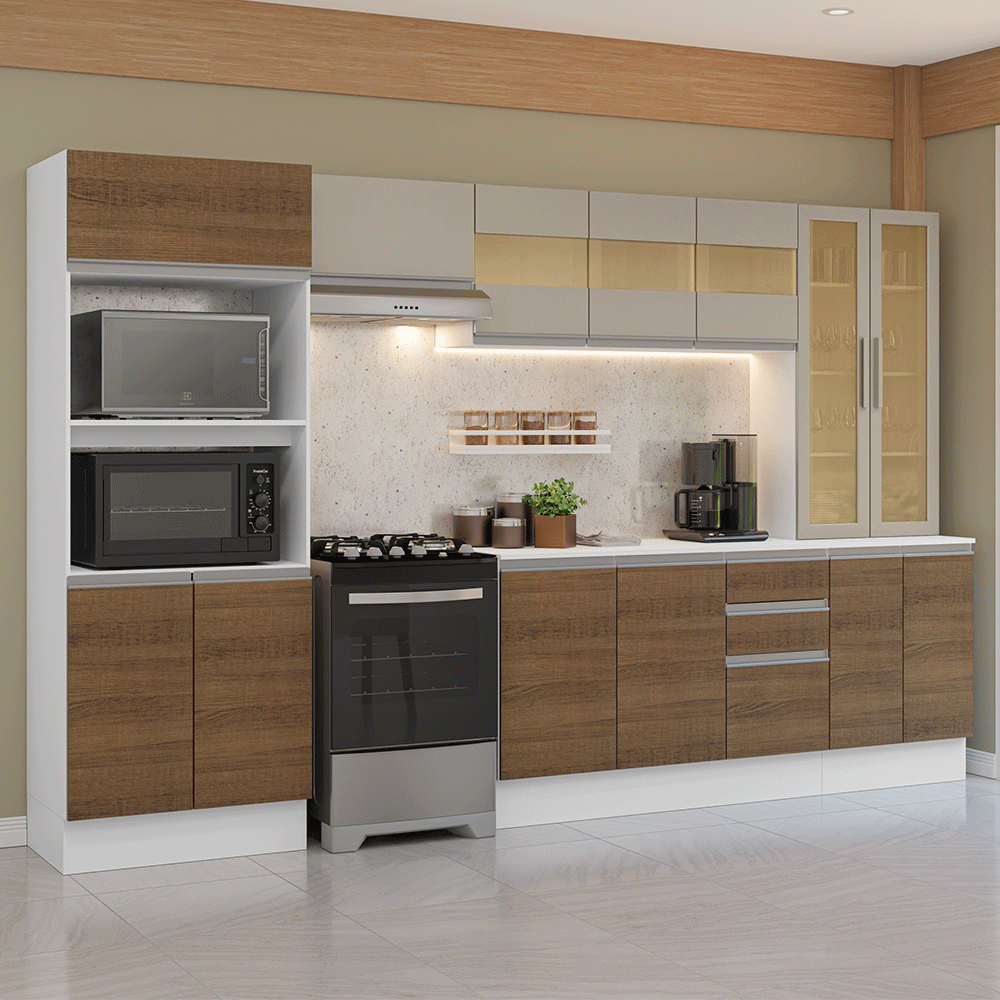 Combo completo de Cocina Smart 100% MDF 310 cm 14 Puertas 3 Cajones (Con Mesada) Blanco/Marrón/Crema Madesa