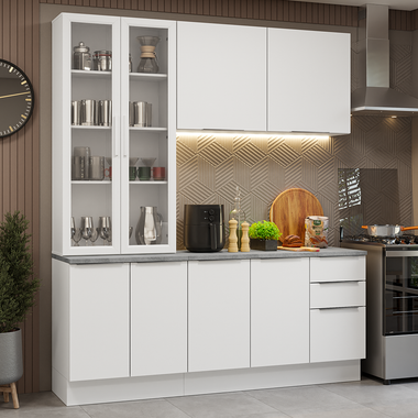 Cocina Compacta 190 cm 8 Puertas 3 Cajones con Cristalero Blanco Stella Madesa