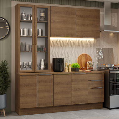 Cocina Compacta 190 cm 8 Puertas 3 Cajones con Cristalero Marrón Stella Madesa