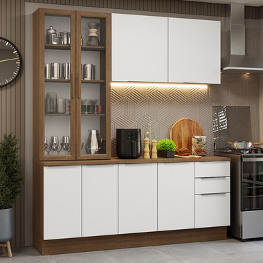 Cocina Compacta 190 cm 8 Puertas 3 Cajones con Cristalero Marrón/Blanco Stella Madesa