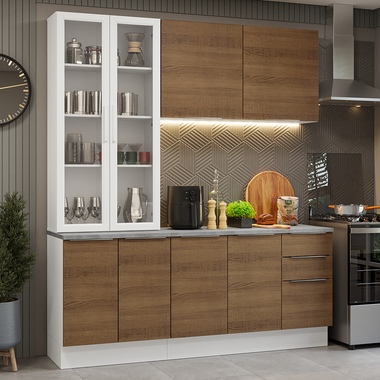 Cocina Compacta 190 cm 8 Puertas 3 Cajones con Cristalero Blanco/Marrón Stella Madesa