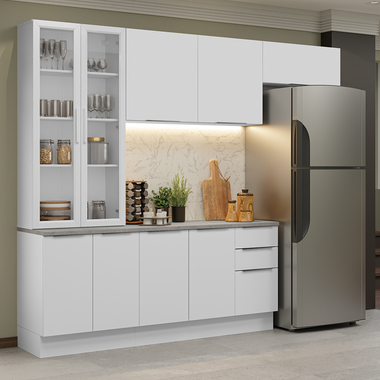 Cocina Compacta 270 cm 9 Puertas 3 Cajones con Cristalero Blanco Stella Madesa