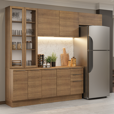 Combo Completo de Cocina 270 cm 9 Puertas 3 Cajones con Cristalero Marrón Stella Madesa