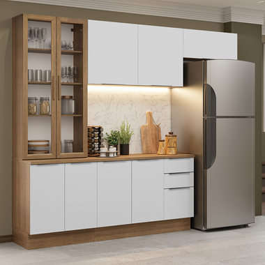 Cocina Compacta 270 cm 9 Puertas 3 Cajones con Cristalero Marrón/Blanco Stella Madesa