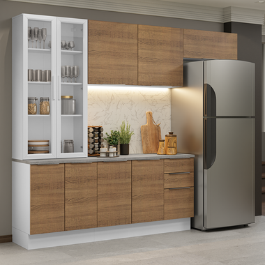 Cocina Compacta 270 cm 9 Puertas 3 Cajones con Cristalero Blanco/Marrón Stella Madesa