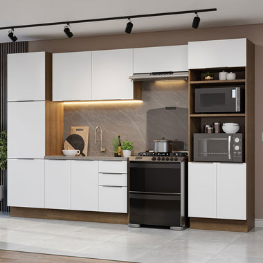 Combo Completo de Cocina 330 cm 11 Puertas 3 Cajones Sin Mesada con Mueble para Horno y Microondas Marrón/Blanco Stella Madesa 02