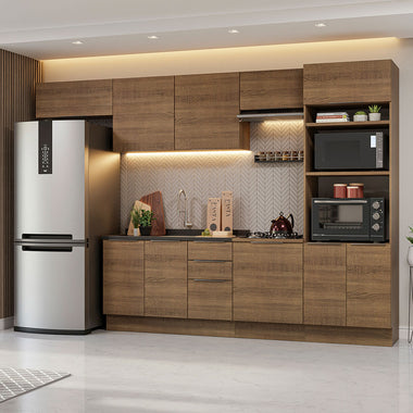 Combo Completo de Cocina 330 cm 10 Puertas 3 Cajones Sin Mesada con Mueble para Horno y Microondas Marrón Stella Madesa 05