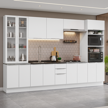 Combo Completo de Cocina 340 cm 14 Puertas 3 Cajones Sin Mesada con Mueble para Horno y Microondas Blanco Stella Madesa
