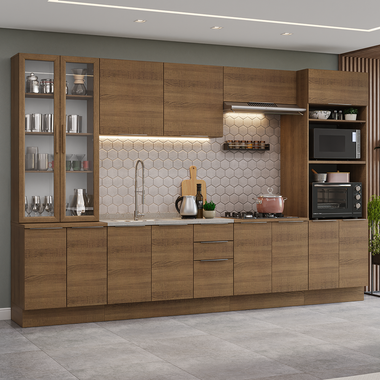 Combo Completo de Cocina 340 cm 14 Puertas 3 Cajones Sin Mesada con Mueble para Horno y Microondas Marrón/Blanco Stella Madesa