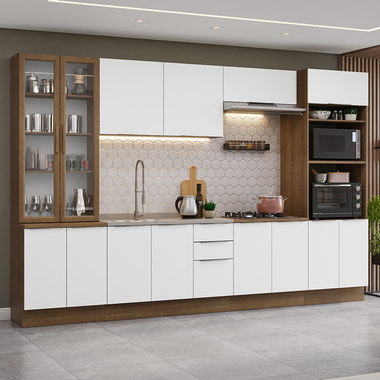 Combo Completo de Cocina 340 cm 14 Puertas 3 Cajones Sin Mesada con Mueble para Horno y Microondas Marrón/Blanco Stella Madesa