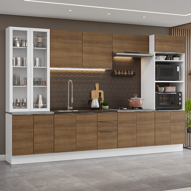 Combo Completo de Cocina 340 cm 14 Puertas 3 Cajones Sin Mesada con Mueble para Horno y Microondas Blanco/Marrón Stella Madesa