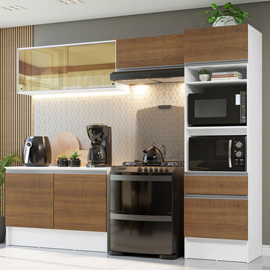 Combo Completo de Cocina 260 cm 7 Puertas 1 Cajón con Mueble para Horno y Microondas Blanco/Marrón Diamante Madesa