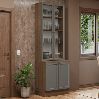 Kit Bajo Mesada y Cristalero 70 cm 4 Puertas Marrón/Gris Vik Madesa