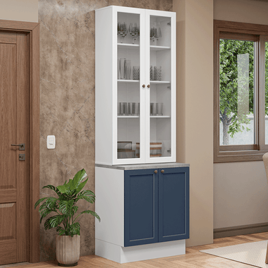 Kit Bajo Mesada y Cristalero 70 cm 4 Puertas Blanco/Azul Vik Madesa