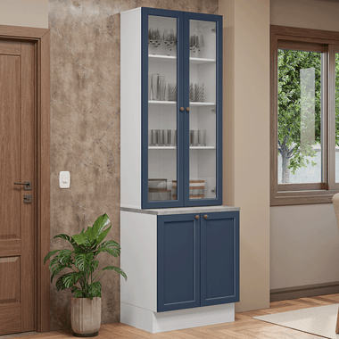 Kit Bajo Mesada y Cristalero 70 cm 4 Puertas Blanco/Azul Vik Madesa