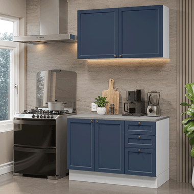 Cocina Compacta 120 cm 4 Puertas 3 Cajones Blanco/Azul Vik Madesa