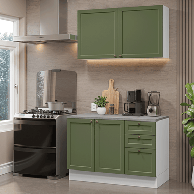Cocina Compacta 120 cm 4 Puertas 3 Cajones Blanco/Verde Vik Madesa